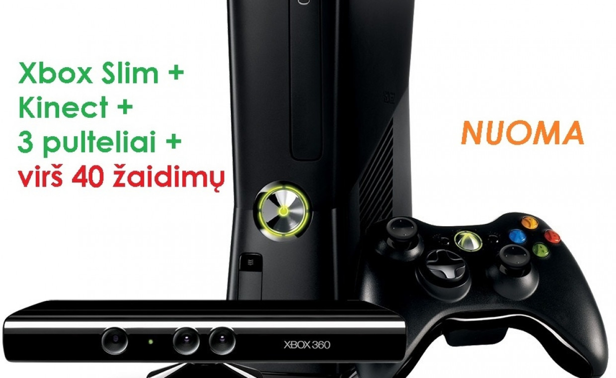 Gaming consoles for rent, Xbox 360 Slim - Kinect - 3 pultai rent, Vilnius